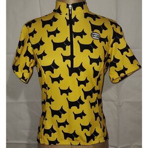Zoelle 1/2 Zip Cycling Top Shirt Sleeve Yellow Black Scottie Dog Womens Sz M